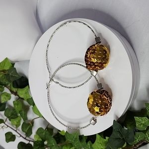 Large Silver Statement Hoop Earrings with Gold Sequin Disco Ball New